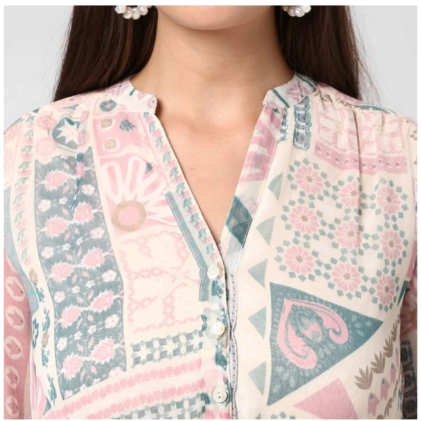 Women's Polyester Printed Long Sleeves Above Knee Dress (Light Pink - Off White) - L