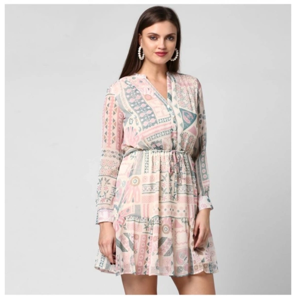 Women's Polyester Printed Long Sleeves Above Knee Dress (Light Pink - Off White) - L