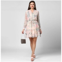 Women's Polyester Printed Long Sleeves Above Knee Dress (Light Pink - Off White) - L