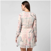 Women's Polyester Printed Long Sleeves Above Knee Dress (Light Pink - Off White) - L