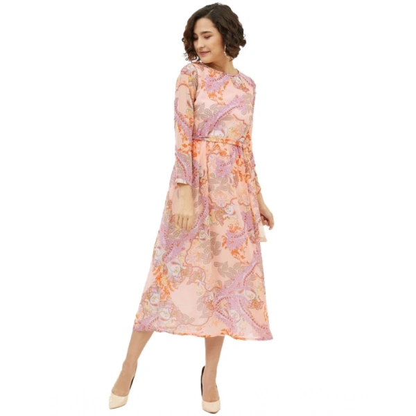 Women's Polyester Printed Long Sleeves Calf-length Dress (Multicolor) - L
