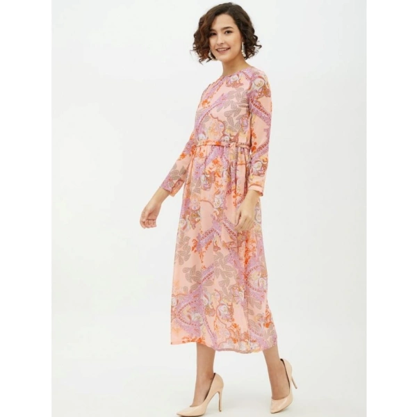 Women's Polyester Printed Long Sleeves Calf-length Dress (Multicolor) - L
