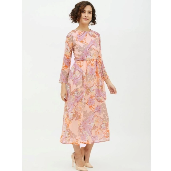 Women's Polyester Printed Long Sleeves Calf-length Dress (Multicolor) - L