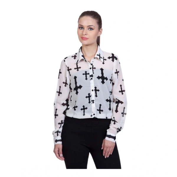 Women's Polyester Printed Long Sleeves Standard Length Shirt (White) - L