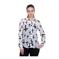 Women's Polyester Printed Long Sleeves Standard Length Shirt (White) - L