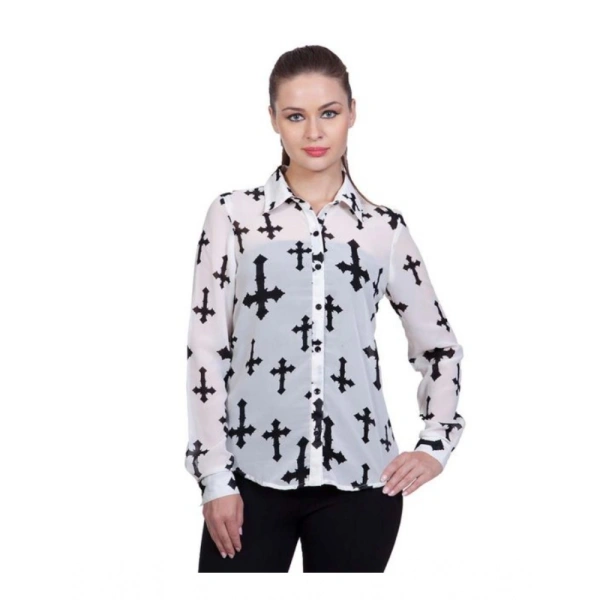 Women's Polyester Printed Long Sleeves Standard Length Shirt (White) - L