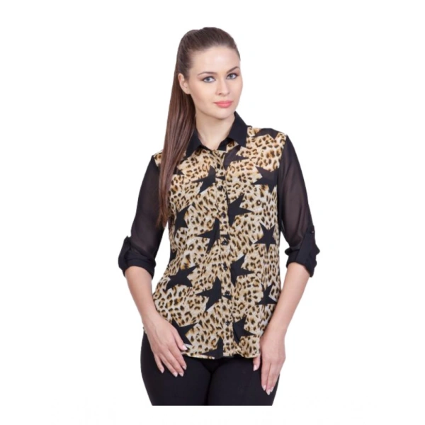Women's Polyester Printed Roll Up Sleeve Standard Length Shirt (Black) - S