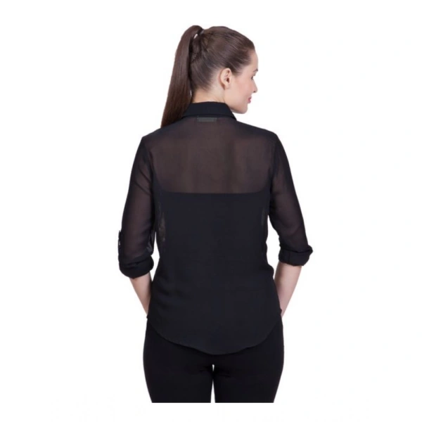 Women's Polyester Printed Roll Up Sleeve Standard Length Shirt (Black) - S