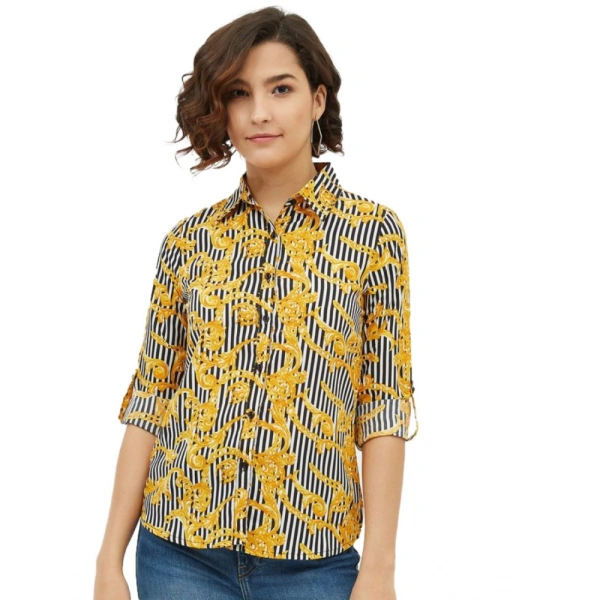 Women's Polyester Printed Roll Up Sleeve Standard Length Shirt (Mustared) - S