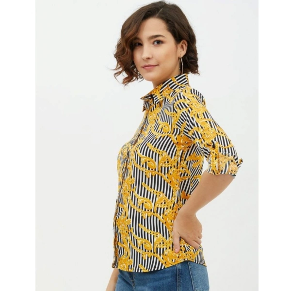 Women's Polyester Printed Roll Up Sleeve Standard Length Shirt (Mustared) - S