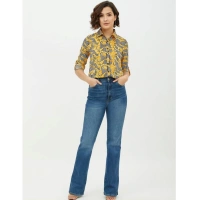 Women's Polyester Printed Roll Up Sleeve Standard Length Shirt (Mustared) - S