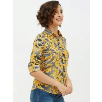 Women's Polyester Printed Roll Up Sleeve Standard Length Shirt (Mustared) - L