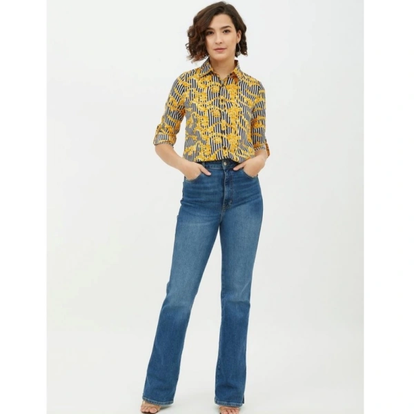 Women's Polyester Printed Roll Up Sleeve Standard Length Shirt (Mustared) - L