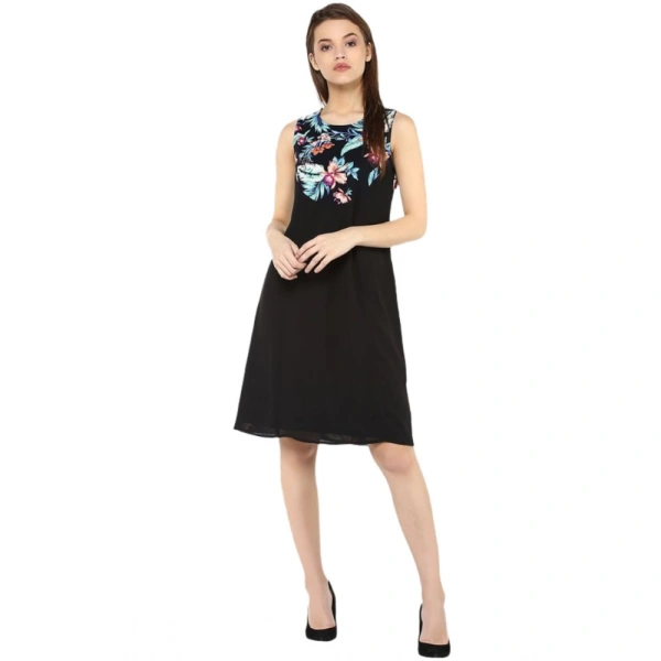 Women's Polyester Printed Sleeveless Above Knee Dress (Black - Multicolor) - S