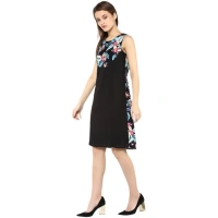 Women's Polyester Printed Sleeveless Above Knee Dress (Black - Multicolor) - S