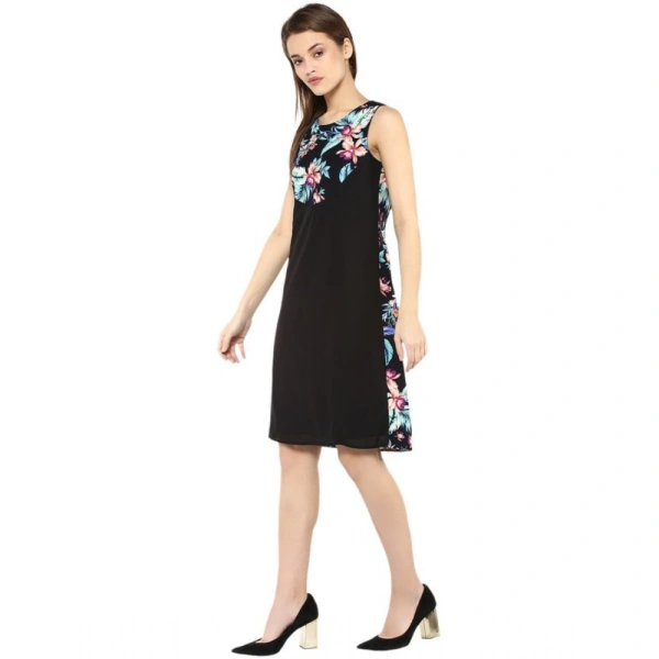Women's Polyester Printed Sleeveless Above Knee Dress (Black - Multicolor) - S