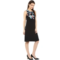 Women's Polyester Printed Sleeveless Above Knee Dress (Black - Multicolor) - S