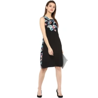 Women's Polyester Printed Sleeveless Above Knee Dress (Black - Multicolor) - S