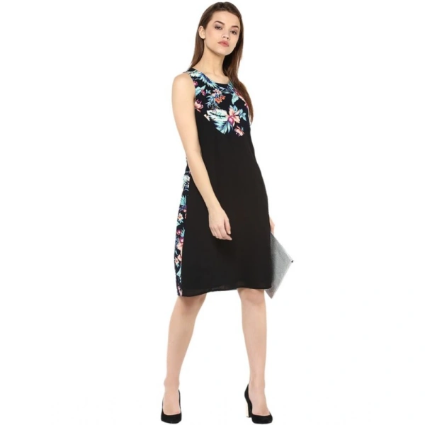 Women's Polyester Printed Sleeveless Above Knee Dress (Black - Multicolor) - S