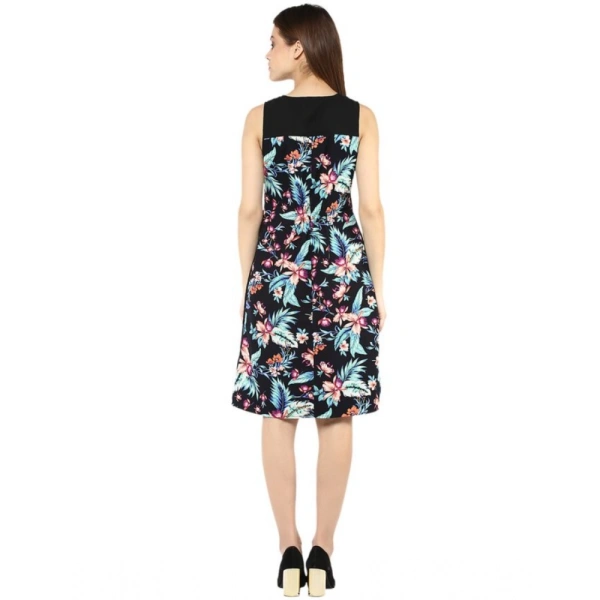 Women's Polyester Printed Sleeveless Above Knee Dress (Black - Multicolor) - S