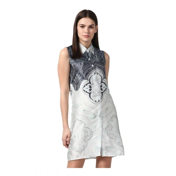 Women's Polyester Printed Sleeveless Above Knee Dress (Blue) - XS