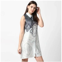 Women's Polyester Printed Sleeveless Above Knee Dress (Blue) - XS