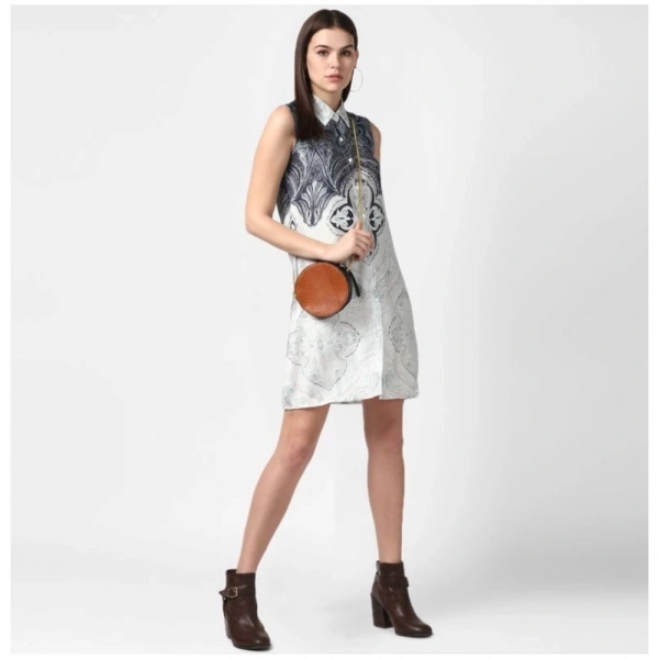 Women's Polyester Printed Sleeveless Above Knee Dress (Blue) - XS