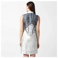 Women's Polyester Printed Sleeveless Above Knee Dress (Blue) - XS