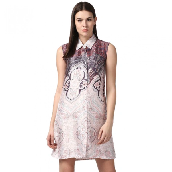 Women's Polyester Printed Sleeveless Above Knee Dress (Orange) - M