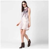 Women's Polyester Printed Sleeveless Above Knee Dress (Orange) - M