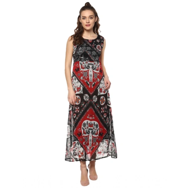 Women's Polyester Printed Sleeveless Dress (Red - Black) - S