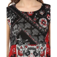 Women's Polyester Printed Sleeveless Dress (Red - Black) - S
