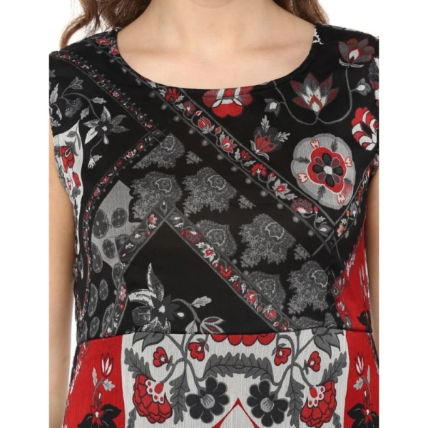 Women's Polyester Printed Sleeveless Dress (Red - Black) - S