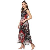 Women's Polyester Printed Sleeveless Dress (Red - Black) - S