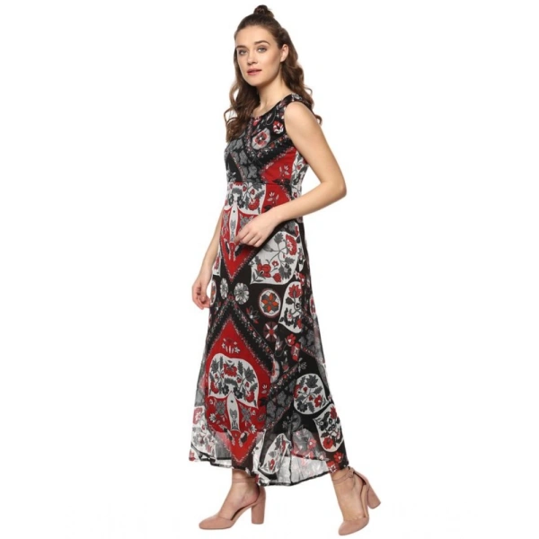 Women's Polyester Printed Sleeveless Dress (Red - Black) - S