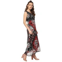 Women's Polyester Printed Sleeveless Dress (Red - Black) - S