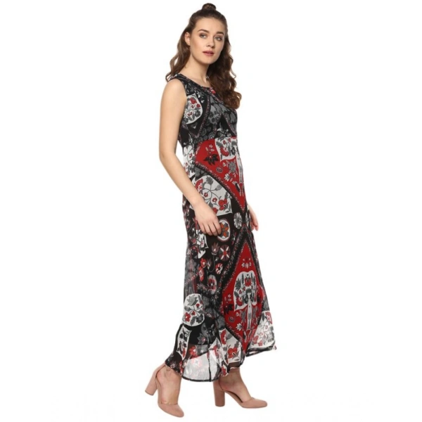 Women's Polyester Printed Sleeveless Dress (Red - Black) - S