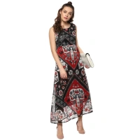 Women's Polyester Printed Sleeveless Dress (Red - Black) - S