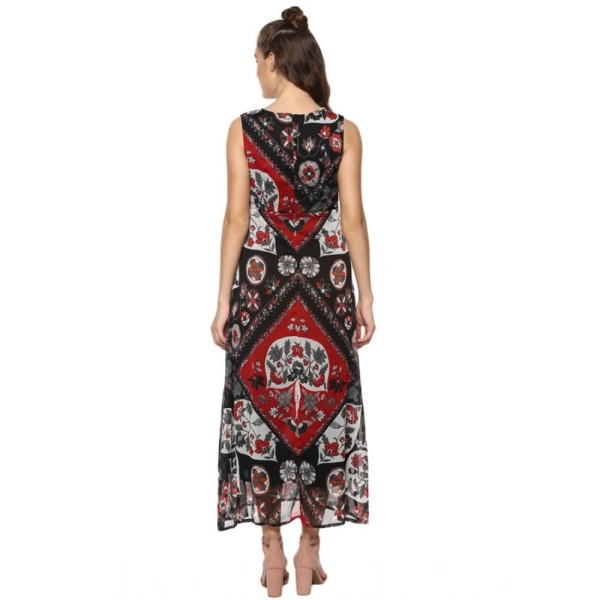 Women's Polyester Printed Sleeveless Dress (Red - Black) - S