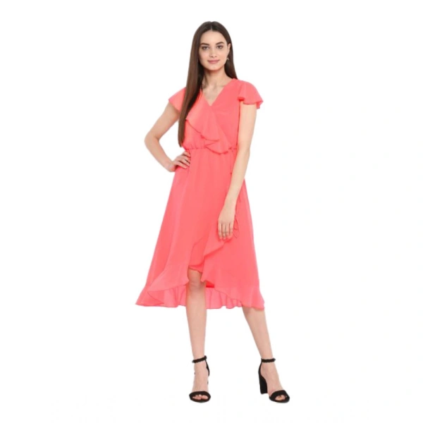 Women's Polyester Ruffled Cap Sleeve Below Knee Dress (Coral Pink) - L