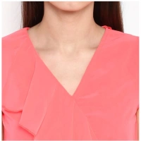 Women's Polyester Ruffled Cap Sleeve Below Knee Dress (Coral Pink) - L