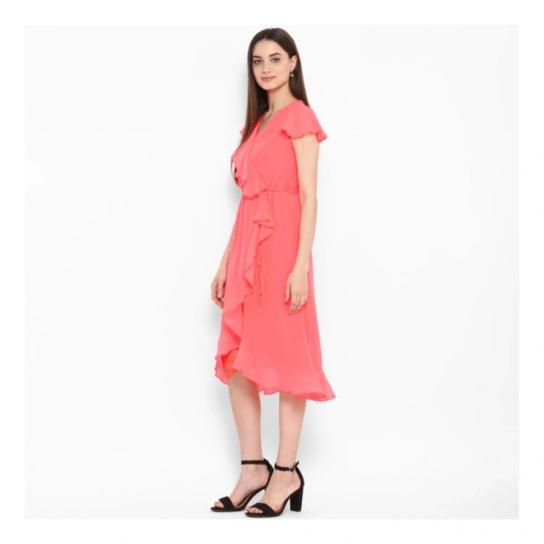 Women's Polyester Ruffled Cap Sleeve Below Knee Dress (Coral Pink) - L