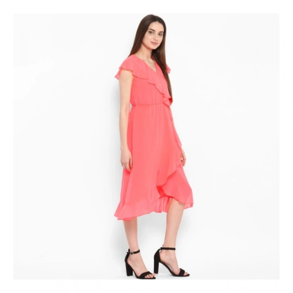 Women's Polyester Ruffled Cap Sleeve Below Knee Dress (Coral Pink) - L
