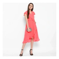 Women's Polyester Ruffled Cap Sleeve Below Knee Dress (Coral Pink) - L