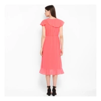 Women's Polyester Ruffled Cap Sleeve Below Knee Dress (Coral Pink) - L