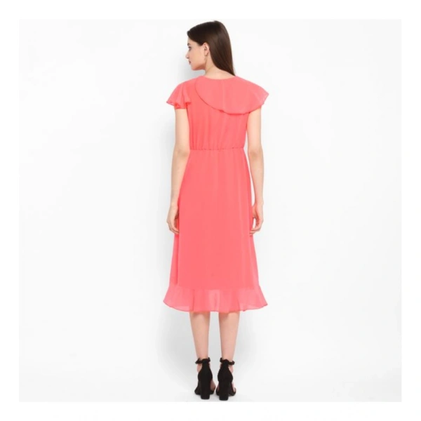 Women's Polyester Ruffled Cap Sleeve Below Knee Dress (Coral Pink) - L