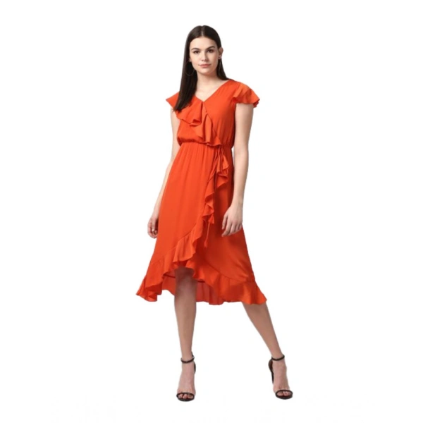 Women's Polyester Ruffled Cap Sleeve Knee-Length Dress (Orange) - XL