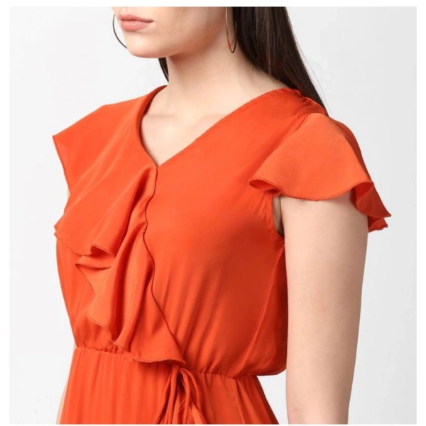 Women's Polyester Ruffled Cap Sleeve Knee-Length Dress (Orange) - XL