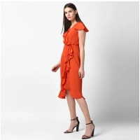 Women's Polyester Ruffled Cap Sleeve Knee-Length Dress (Orange) - XL