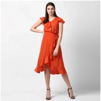 Women's Polyester Ruffled Cap Sleeve Knee-Length Dress (Orange) - XL